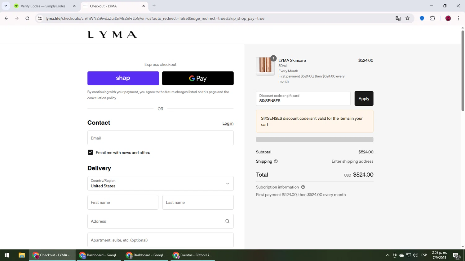 LYMA discount code screenshot showing code SIXSENSES applied at LYMA checkout page. Uploaded by SimplyCodes community member MightyLegend6657 on Sep 7, 2025