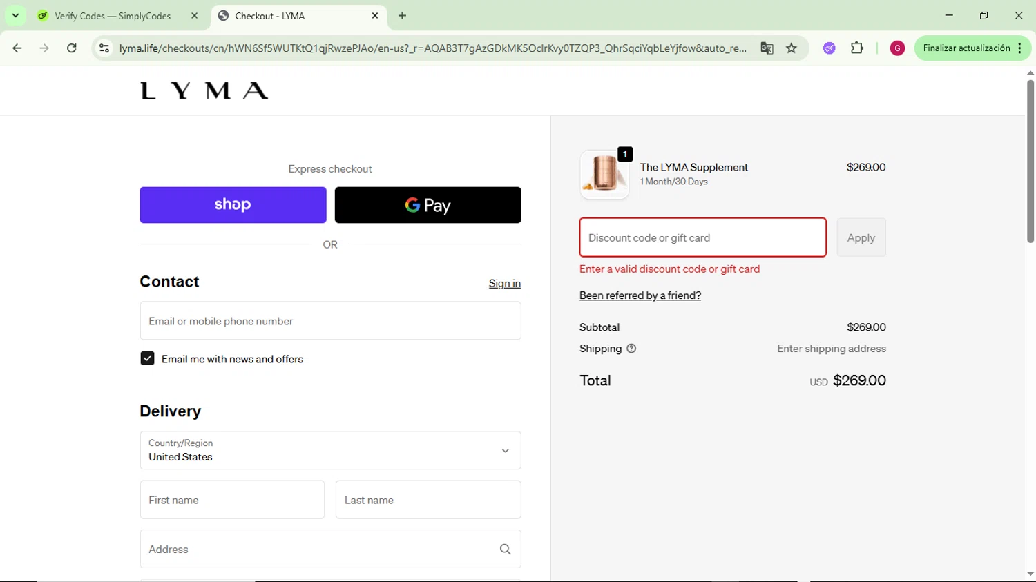LYMA discount code screenshot showing code LIFENP applied at LYMA checkout page. Uploaded by SimplyCodes community member CrownFinder3074 on Dec 15, 2025