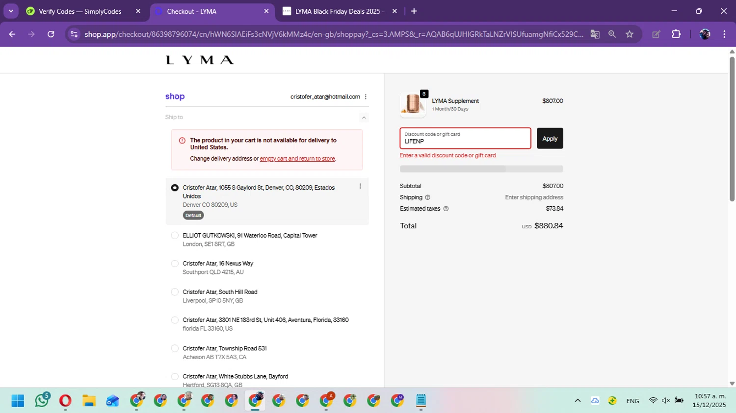 LYMA discount code screenshot showing code LIFENP applied at LYMA checkout page. Uploaded by SimplyCodes community member Marielis on Dec 15, 2025
