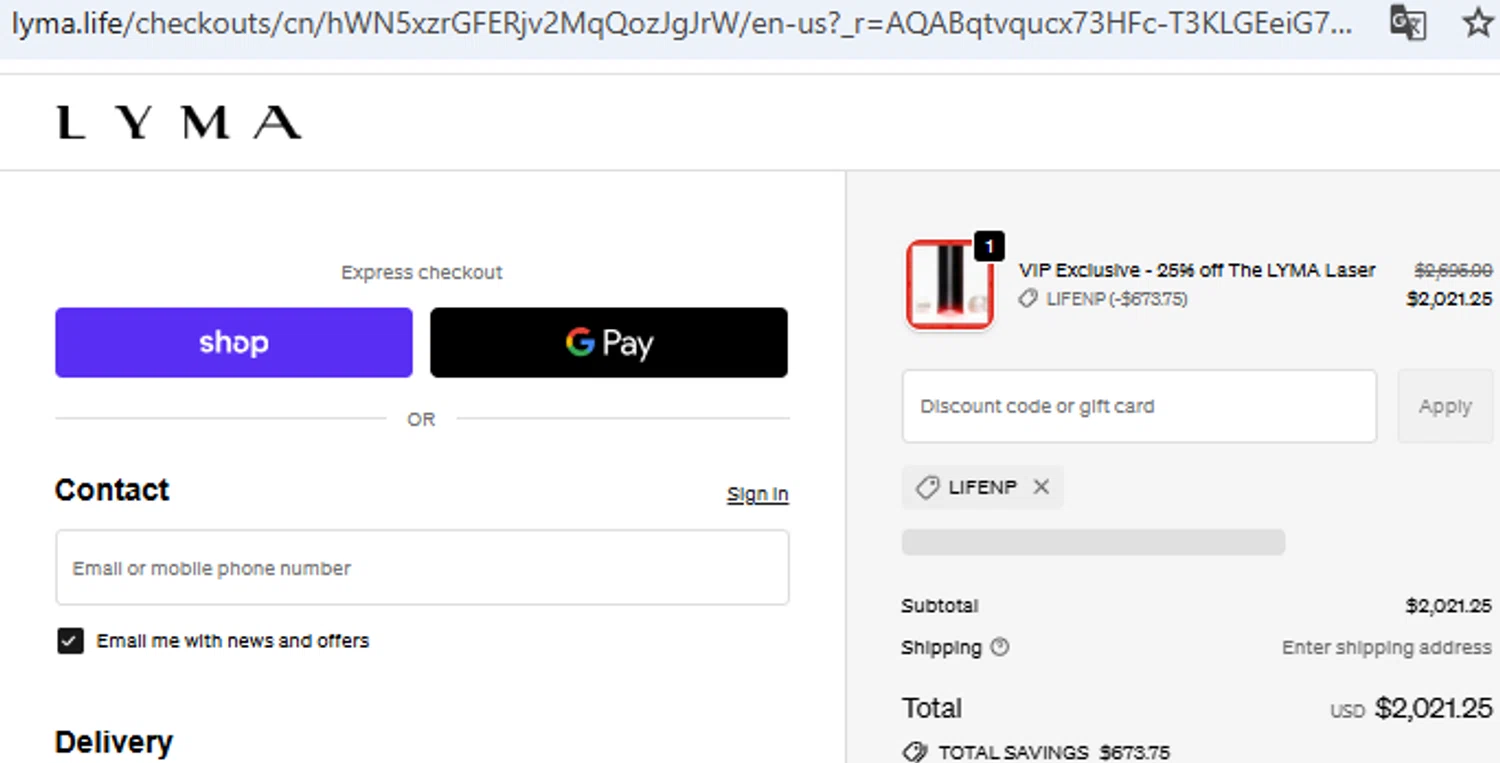 LYMA discount code screenshot showing code LIFENP applied at LYMA checkout page. Uploaded by SimplyCodes community member PennyOwl2559 on Dec 2, 2025