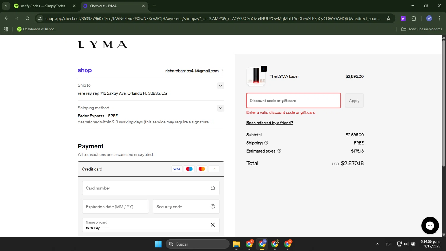 LYMA discount code screenshot showing code IRENE25 applied at LYMA checkout page. Uploaded by SimplyCodes community member ThriftyTracker446 on Dec 9, 2025