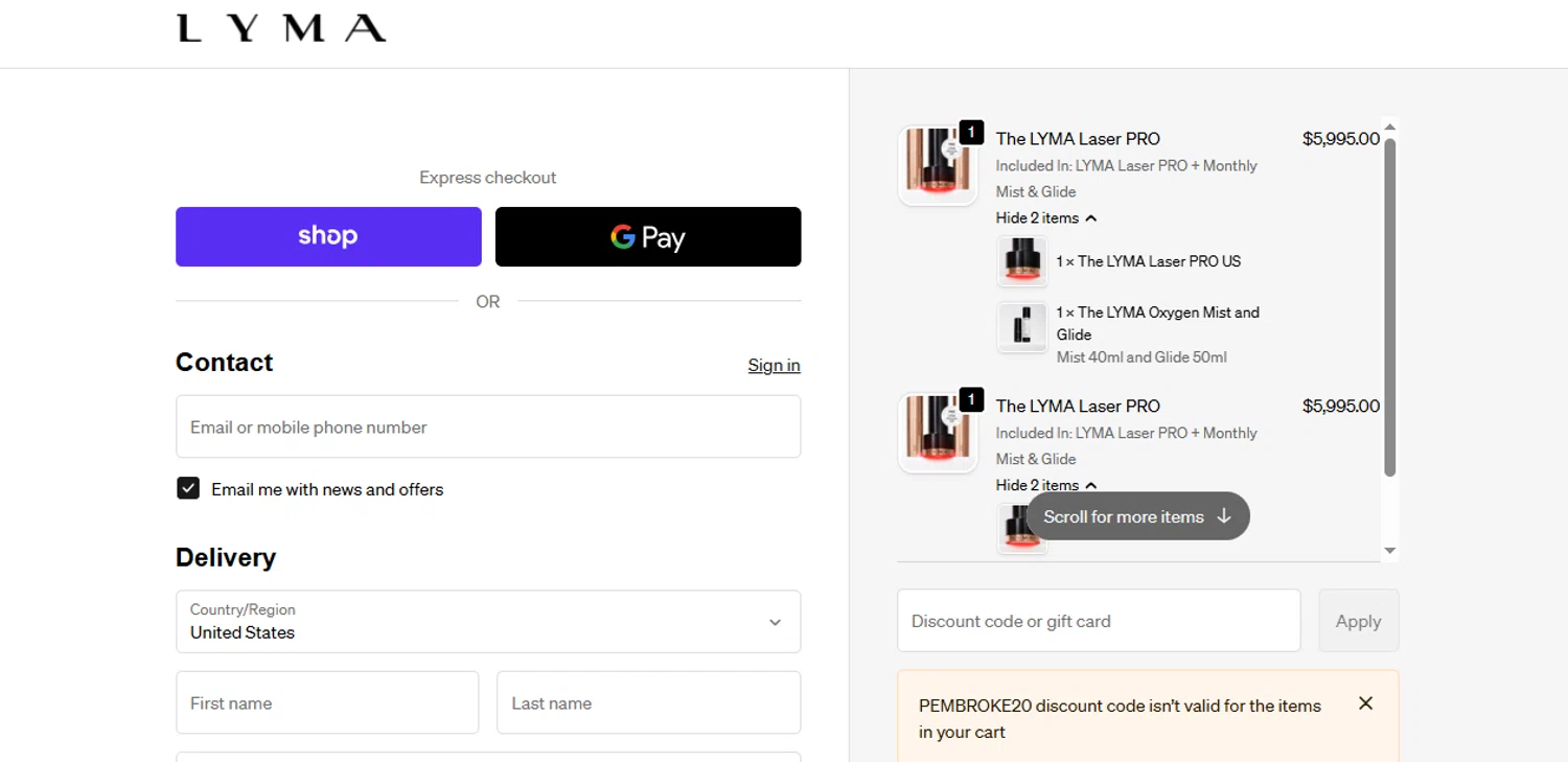 LYMA discount code screenshot showing code PEMBROKE20 applied at LYMA checkout page. Uploaded by SimplyCodes community member ashe1986 on Dec 27, 2025