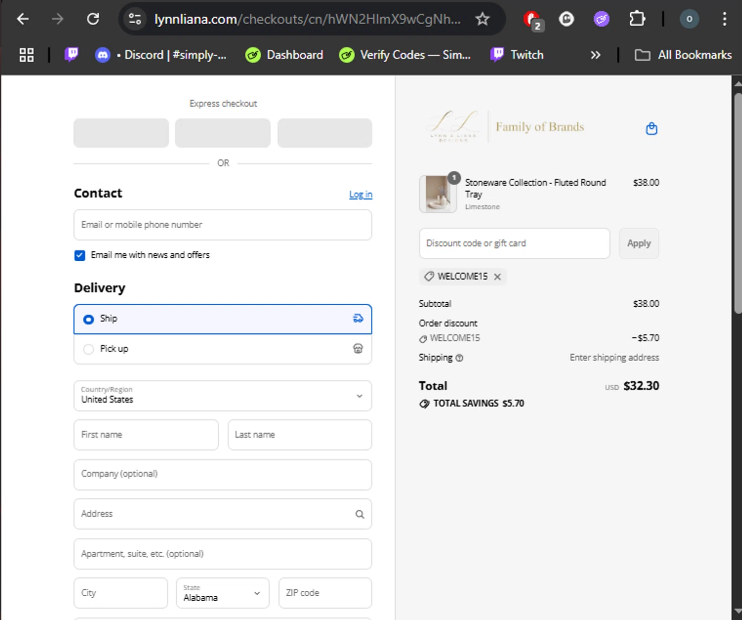Lynn & Liana Designs promo code screenshot showing code WELCOME15 applied at Lynn & Liana Designs checkout page. Uploaded by SimplyCodes community member DealHero3744 on Aug 27, 2025