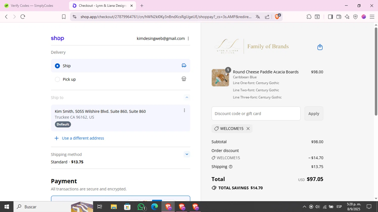 Lynn & Liana Designs promo code screenshot showing code WELCOME15 applied at Lynn & Liana Designs checkout page. Uploaded by SimplyCodes community member KimChrista_ on Sep 8, 2025