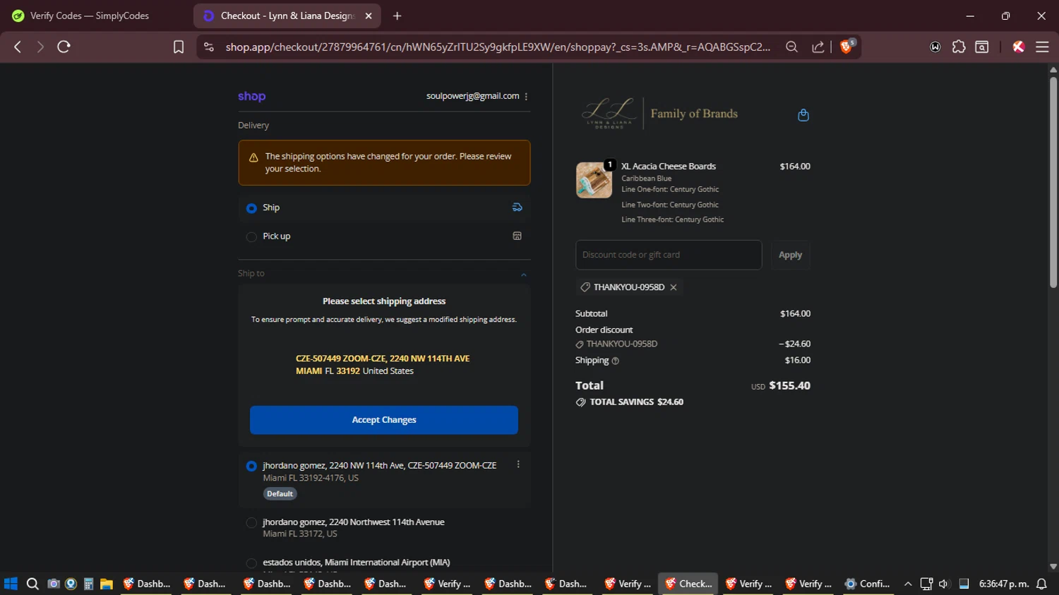 Lynn & Liana Designs promo code screenshot showing code THANKYOU-0958D applied at Lynn & Liana Designs checkout page. Uploaded by SimplyCodes community member Amidamaru on Dec 5, 2025