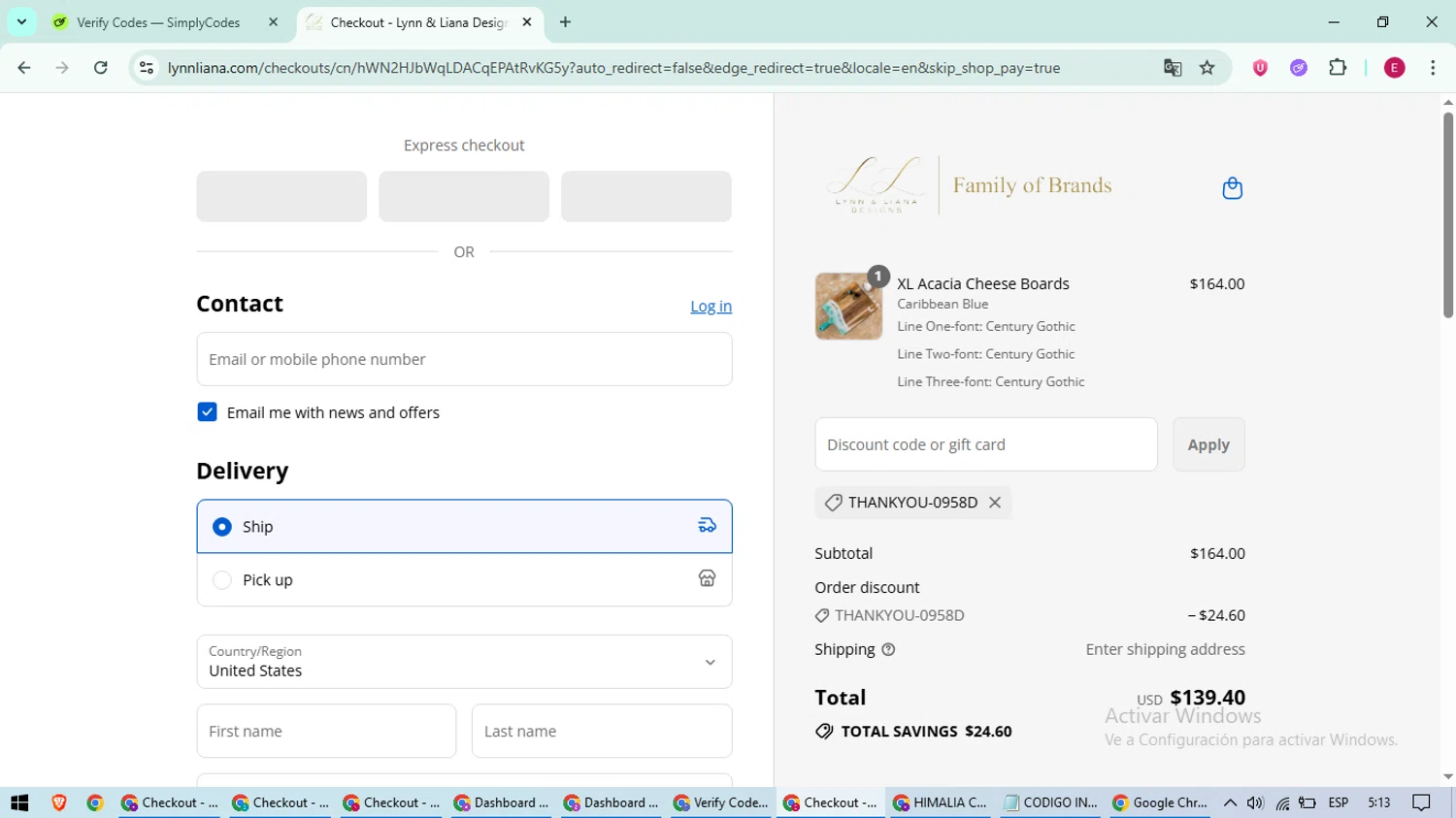 Lynn & Liana Designs promo code screenshot showing code THANKYOU-0958D applied at Lynn & Liana Designs checkout page. Uploaded by SimplyCodes community member BrilliantWhiz4434 on Aug 27, 2025