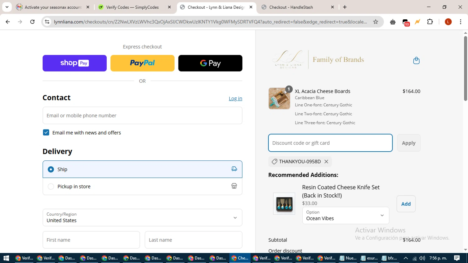 Lynn & Liana Designs promo code screenshot showing code THANKYOU-0958D applied at Lynn & Liana Designs checkout page. Uploaded by SimplyCodes community member BonusHero9692 on Apr 8, 2025