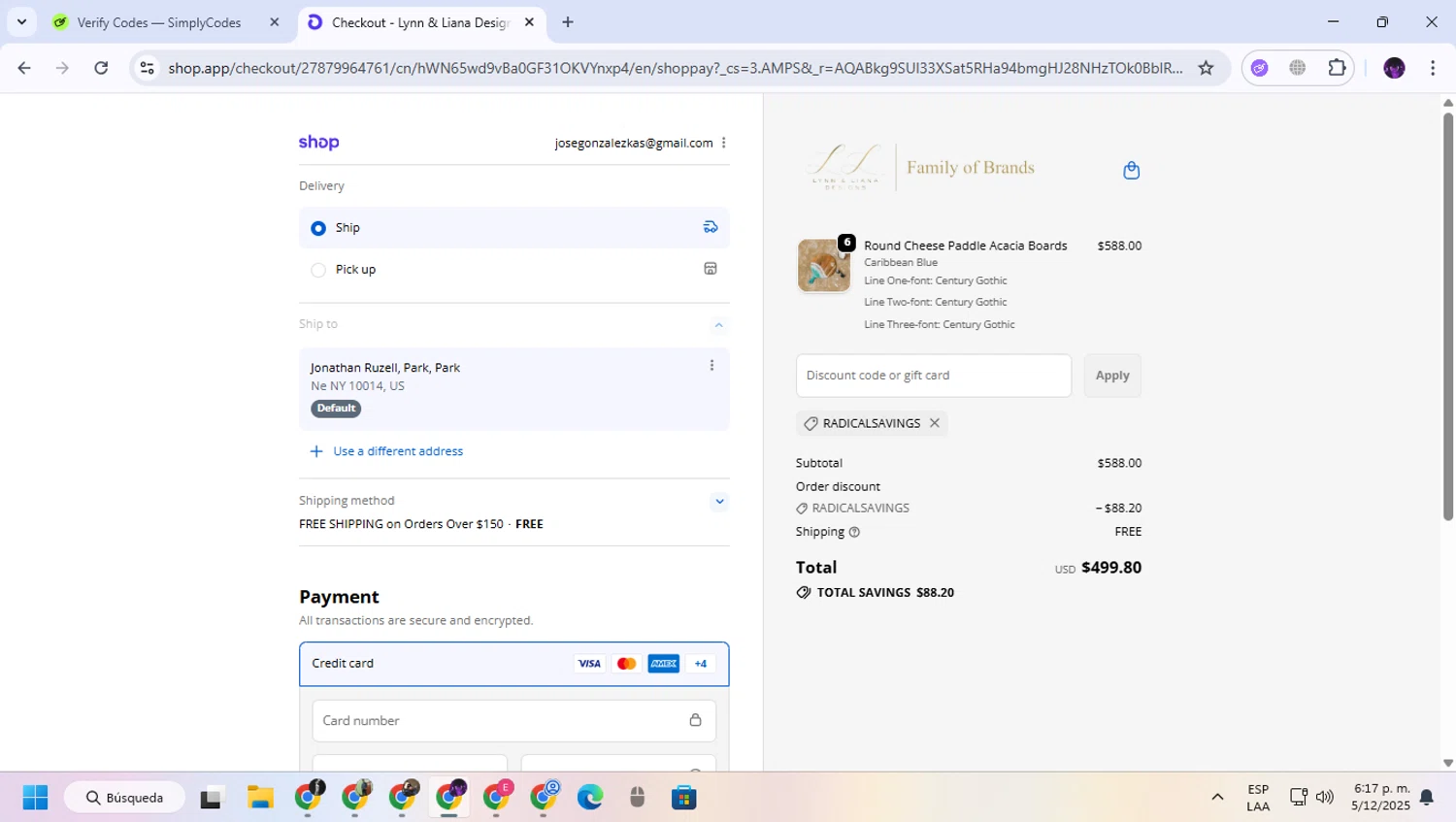 Lynn & Liana Designs promo code screenshot showing code RADICALSAVINGS applied at Lynn & Liana Designs checkout page. Uploaded by SimplyCodes community member GloriousGuardian9063 on Dec 5, 2025