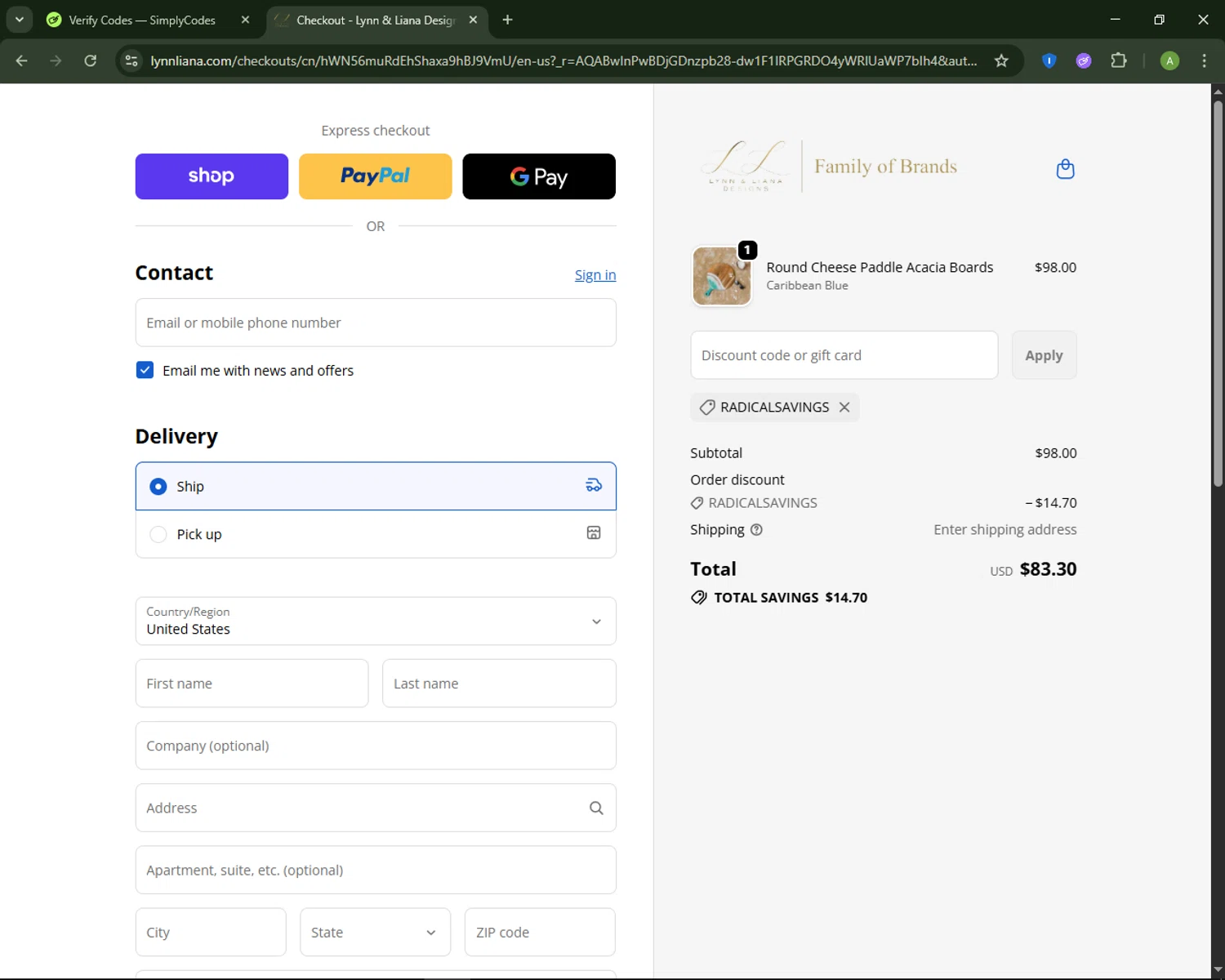 Lynn & Liana Designs promo code screenshot showing code RADICALSAVINGS applied at Lynn & Liana Designs checkout page. Uploaded by SimplyCodes community member MagnificentSaver708 on Nov 9, 2025