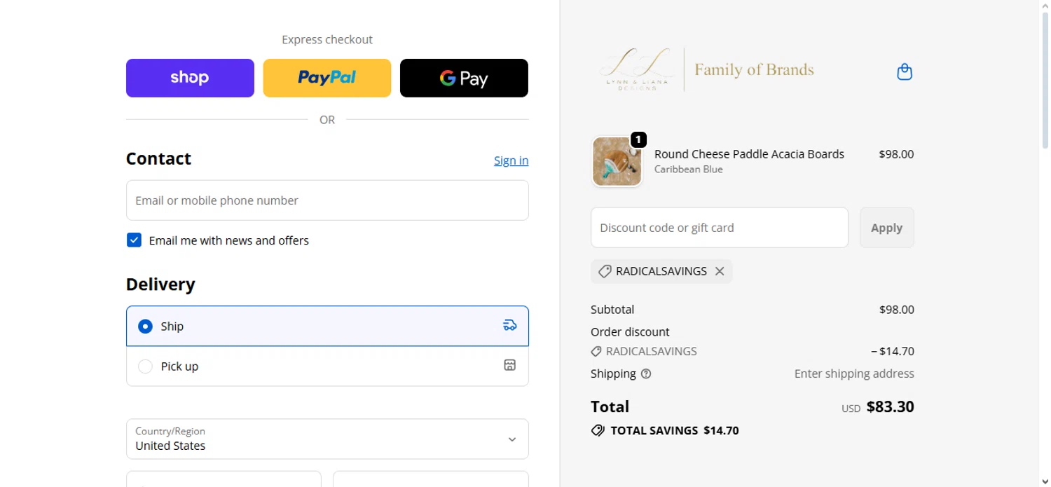 Lynn & Liana Designs promo code screenshot showing code RADICALSAVINGS applied at Lynn & Liana Designs checkout page. Uploaded by SimplyCodes community member Nubelinda on Oct 23, 2025