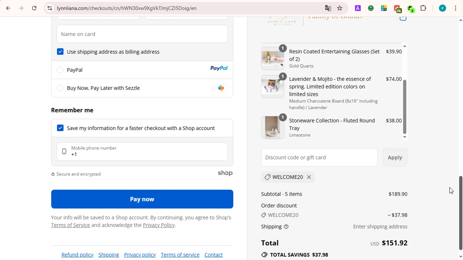 Lynn & Liana Designs promo code screenshot showing code WELCOME20 applied at Lynn & Liana Designs checkout page. Uploaded by SimplyCodes community member LOVECOUPON on Sep 15, 2025