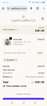 Lyons Leather Co. coupon verification screenshot