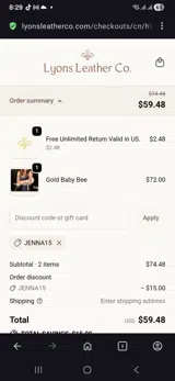 Lyons Leather Co. coupon verification screenshot