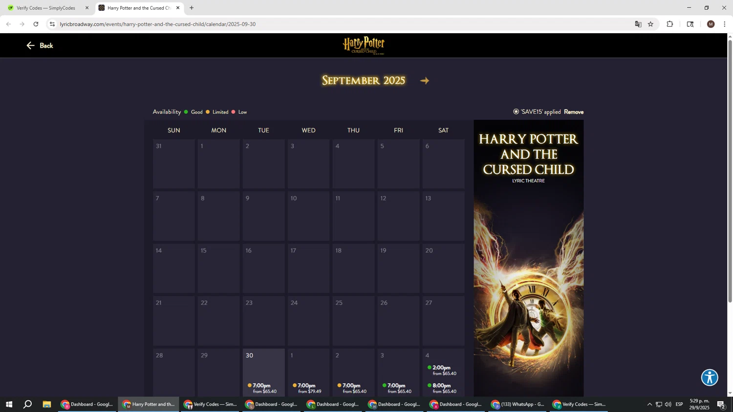 Lyric Theatre promo code screenshot showing code SAVE15 applied at Lyric Theatre checkout page. Uploaded by SimplyCodes community member KTMCRF on Sep 29, 2025