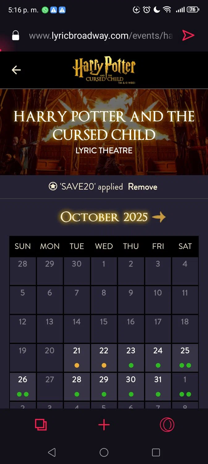 Lyric Theatre promo code screenshot showing code SAVE20 applied at Lyric Theatre checkout page. Uploaded by SimplyCodes community member Madurocupones on Oct 20, 2025