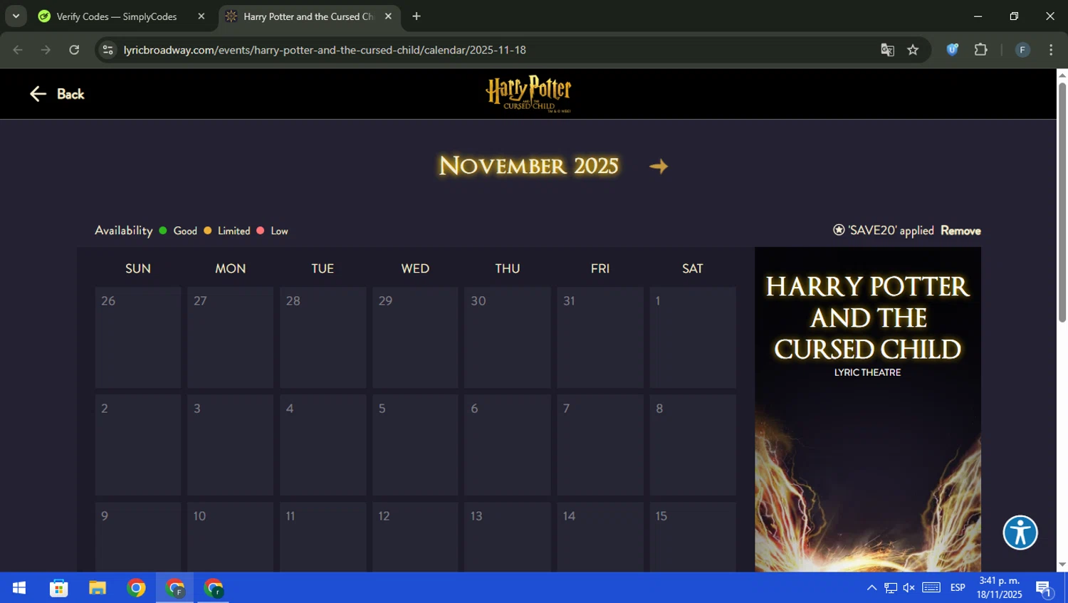 Lyric Theatre promo code screenshot showing code SAVE20 applied at Lyric Theatre checkout page. Uploaded by SimplyCodes community member pajarito on Nov 18, 2025