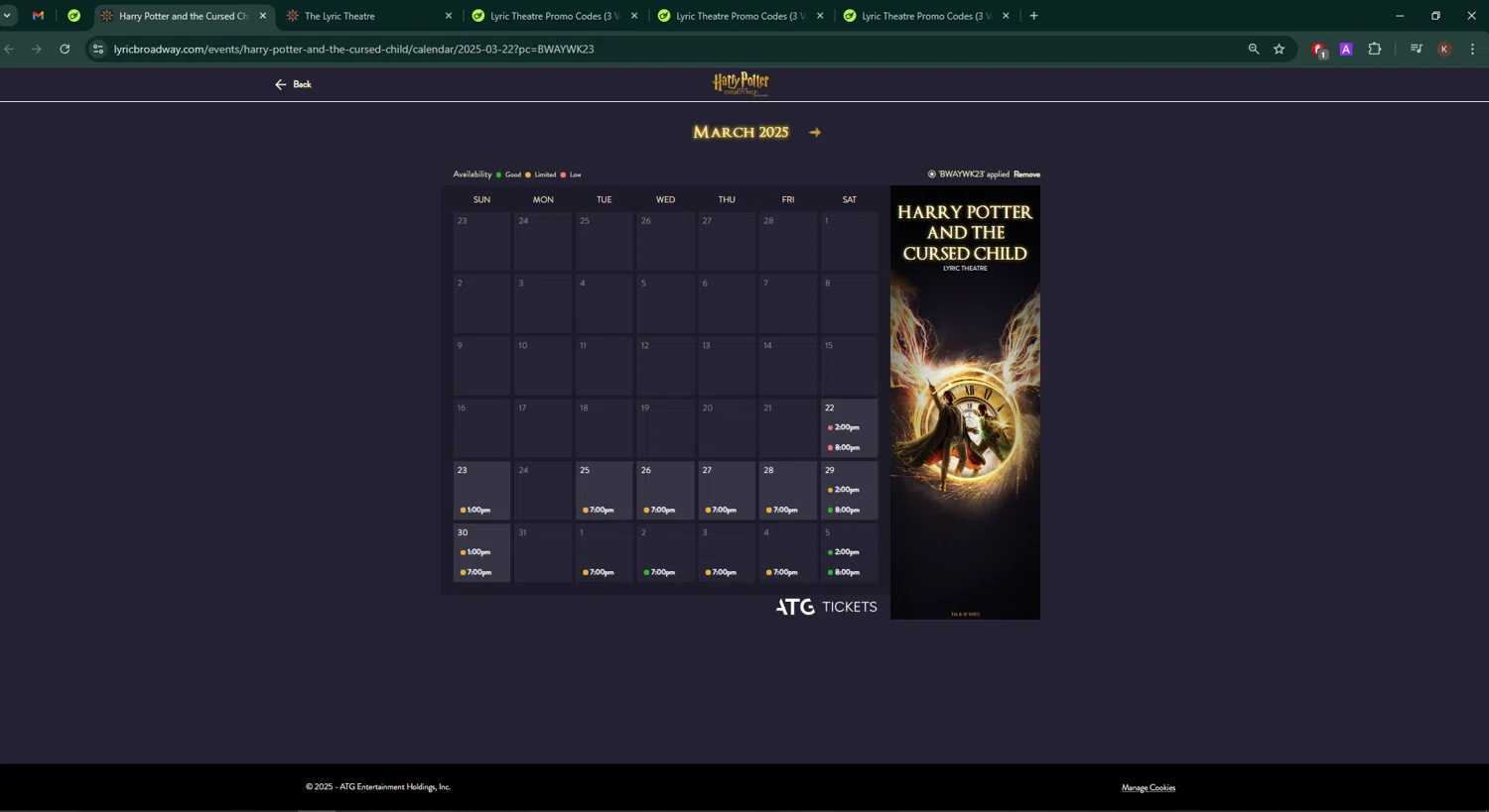 Lyric Theatre promo code screenshot showing code BWAYWK23 applied at Lyric Theatre checkout page. Uploaded by SimplyCodes community member Keilynkeyonshea on Mar 22, 2025