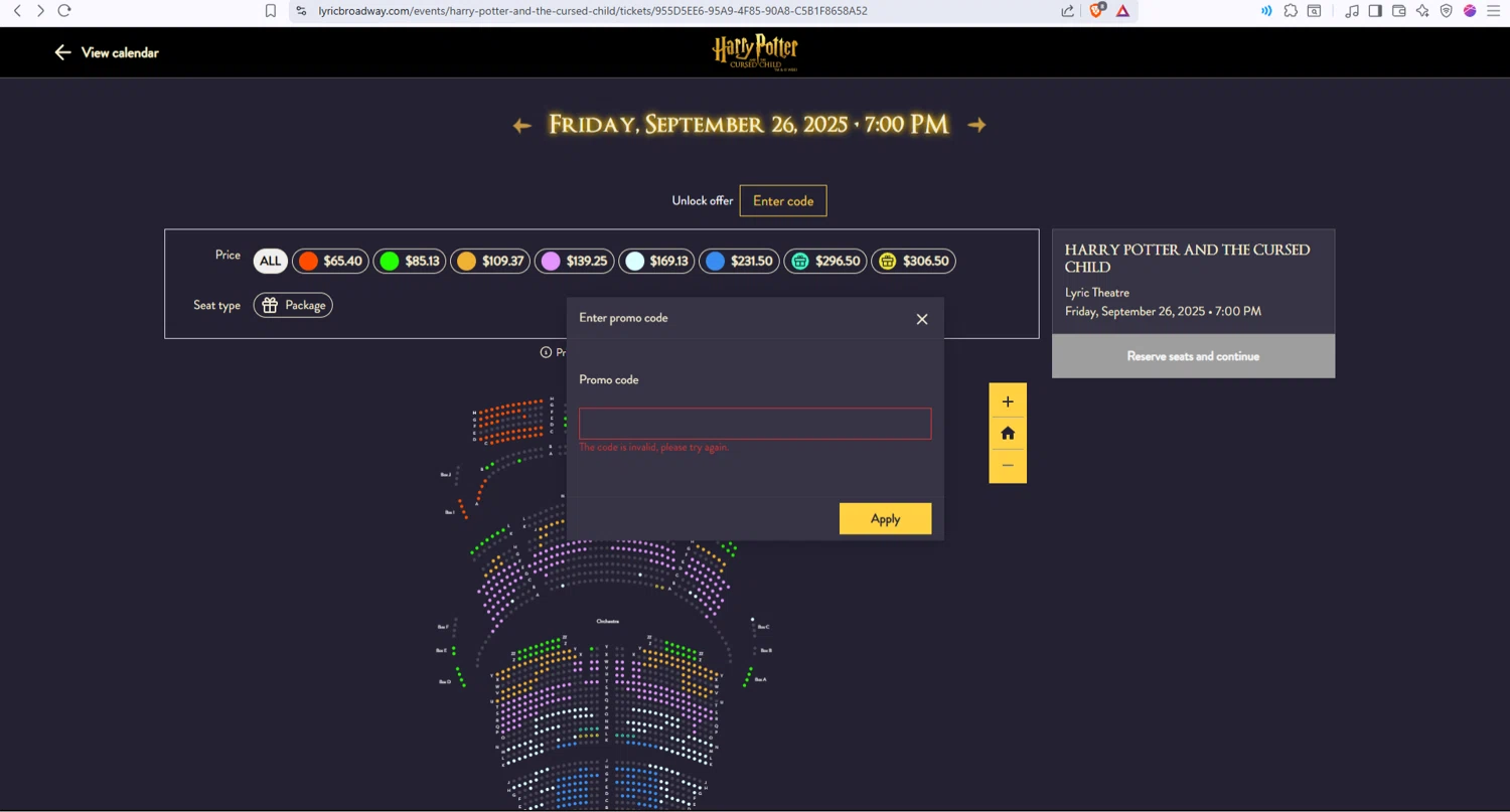 Lyric Theatre promo code screenshot showing code BWYWKF24 applied at Lyric Theatre checkout page. Uploaded by SimplyCodes community member leonardjose on Sep 23, 2025