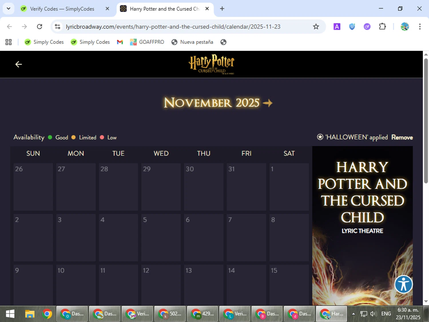 Lyric Theatre promo code screenshot showing code HALLOWEEN applied at Lyric Theatre checkout page. Uploaded by SimplyCodes community member ShrewdSpotter4101 on Nov 23, 2025