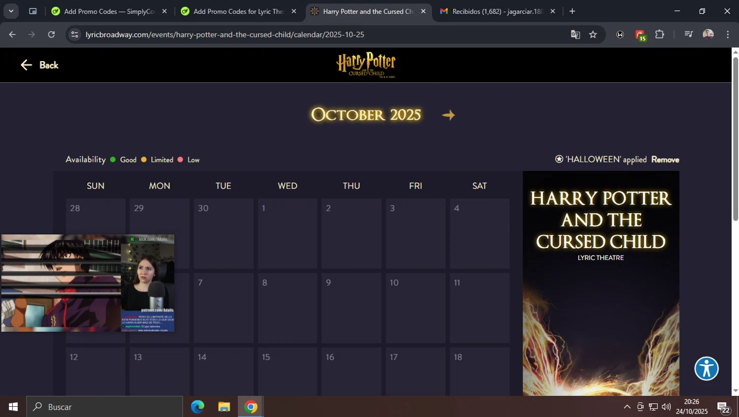 Lyric Theatre promo code screenshot showing code HALLOWEEN applied at Lyric Theatre checkout page. Uploaded by SimplyCodes community member josegarcia6 on Oct 25, 2025