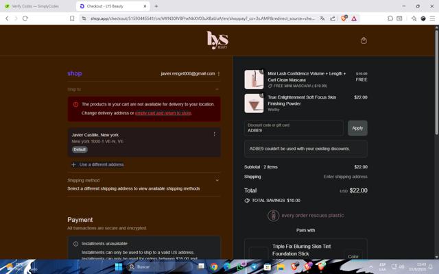 LYS Beauty checkout page showing LYS Beauty coupon code box | Screenshot taken by SimplyCodes community member on Sep 15, 2025