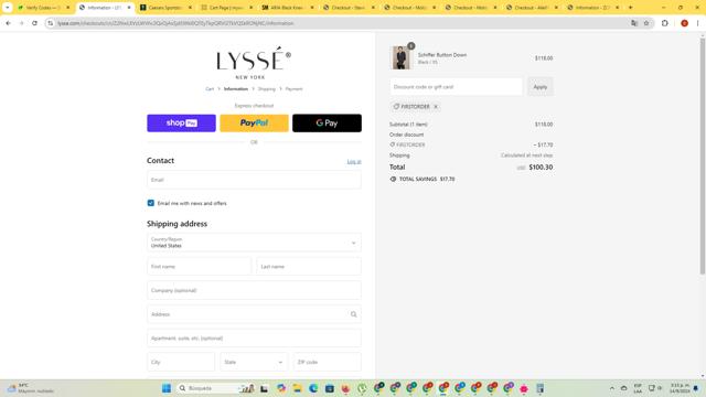 Lysse checkout page showing Lysse coupon code box | Screenshot taken by SimplyCodes community member on Sep 14, 2024