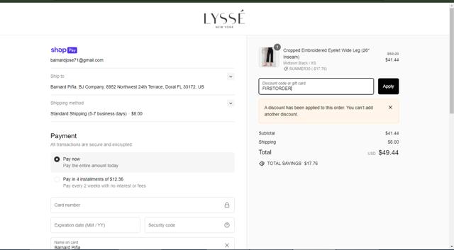 Lysse checkout page showing Lysse coupon code box | Screenshot taken by SimplyCodes community member on Jul 20, 2024