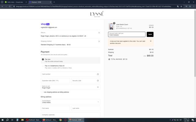 Lysse checkout page showing Lysse coupon code box | Screenshot taken by SimplyCodes community member on Jul 1, 2024