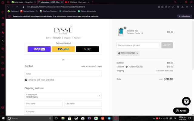 Lysse checkout page showing Lysse coupon code box | Screenshot taken by SimplyCodes community member on Apr 25, 2024