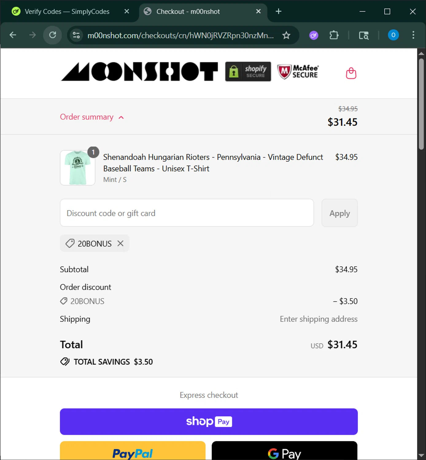 m00nshot discount code screenshot showing code 20BONUS applied at m00nshot checkout page. Uploaded by SimplyCodes community member GoldAdmiral5202 on Jul 17, 2025
