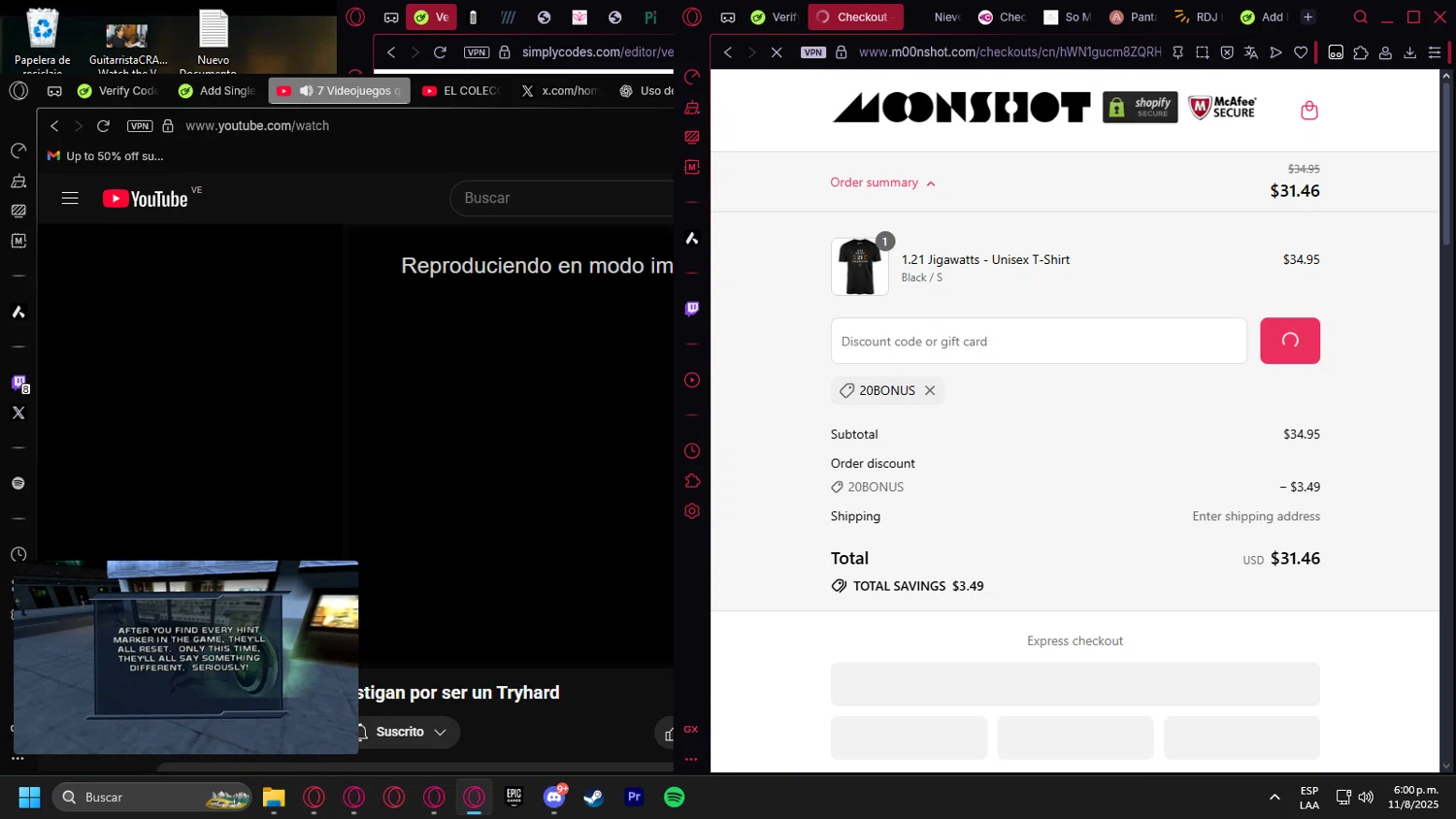 m00nshot discount code screenshot showing code 20BONUS applied at m00nshot checkout page. Uploaded by SimplyCodes community member Handivlak on Aug 11, 2025