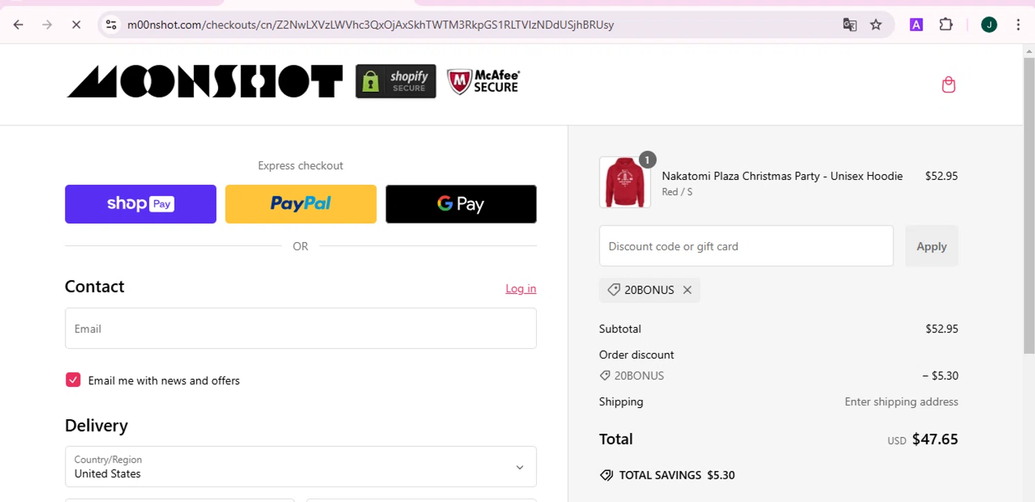 m00nshot discount code screenshot showing code 20BONUS applied at m00nshot checkout page. Uploaded by SimplyCodes community member ShieldCaptain7812 on Jan 17, 2025