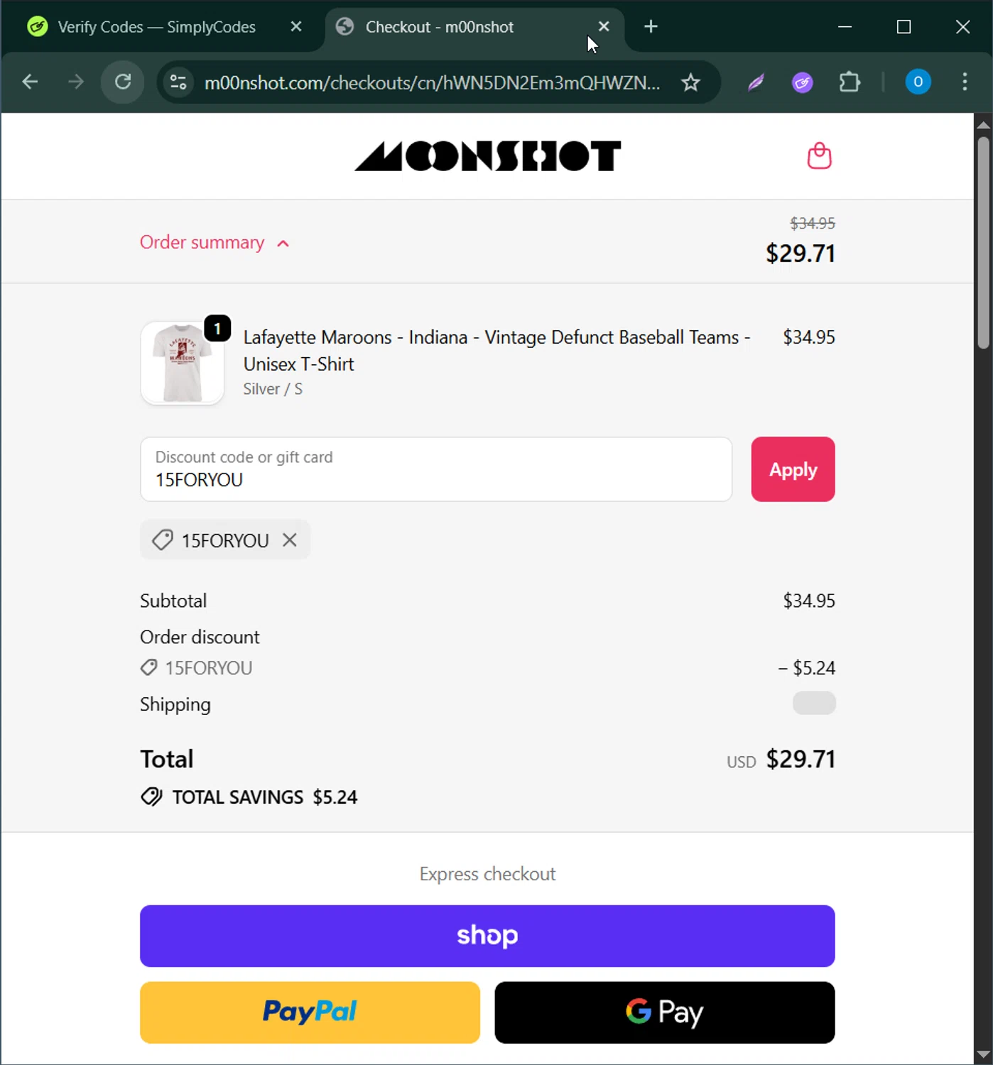 m00nshot discount code screenshot showing code 15FORYOU applied at m00nshot checkout page. Uploaded by SimplyCodes community member CodeScholar4340 on Nov 12, 2025