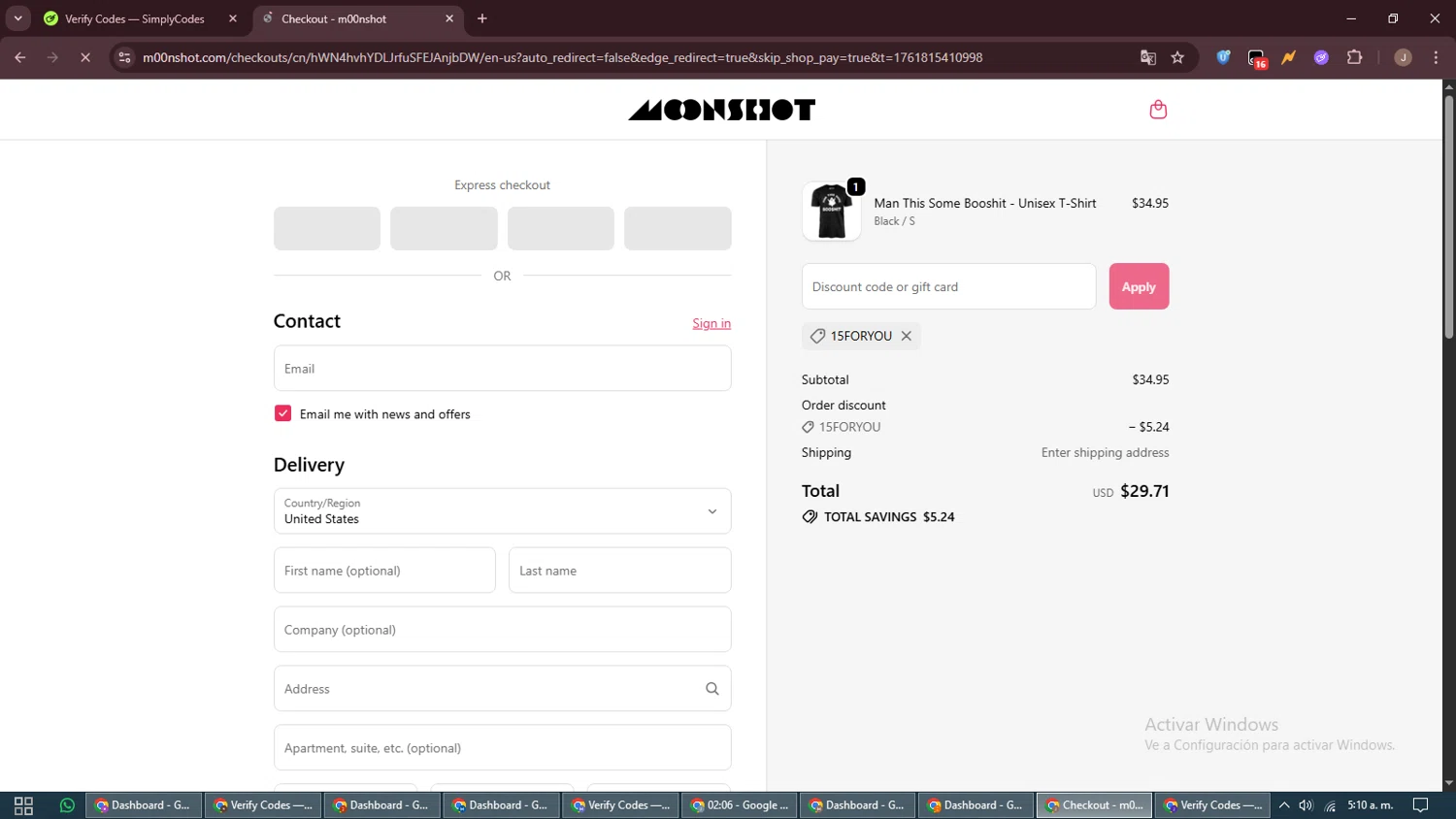 m00nshot discount code screenshot showing code 15FORYOU applied at m00nshot checkout page. Uploaded by SimplyCodes community member ShrewdAdmiral5920 on Oct 30, 2025