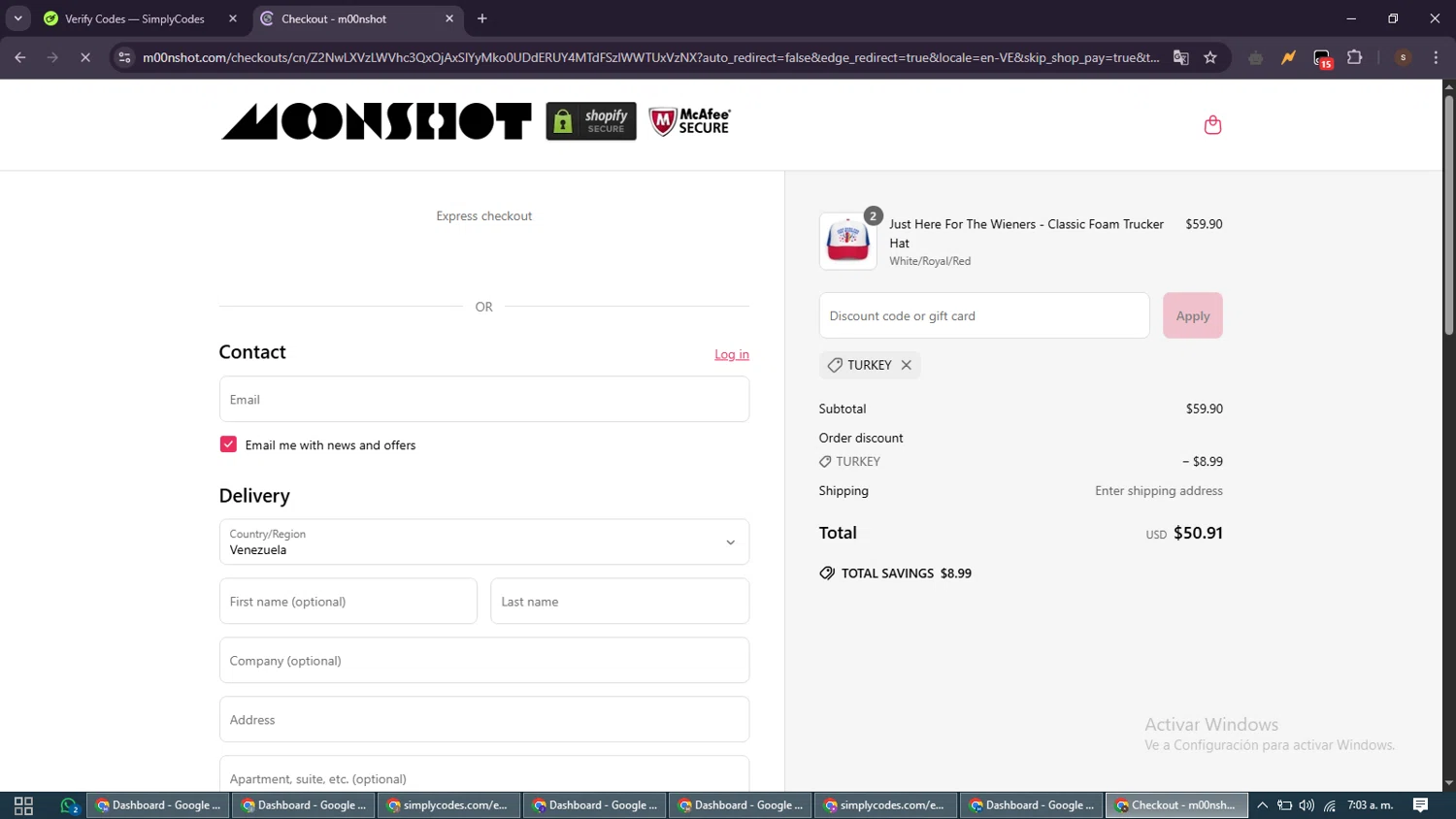 m00nshot discount code screenshot showing code TURKEY applied at m00nshot checkout page. Uploaded by SimplyCodes community member GoldSentinel1426 on May 12, 2025