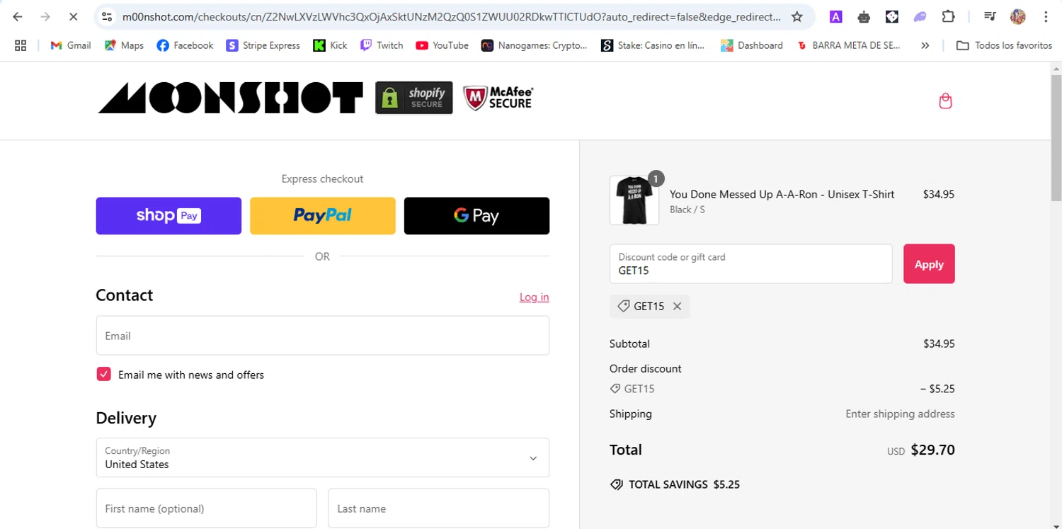m00nshot discount code screenshot showing code GET15 applied at m00nshot checkout page. Uploaded by SimplyCodes community member ronaldhernandez on Feb 11, 2025
