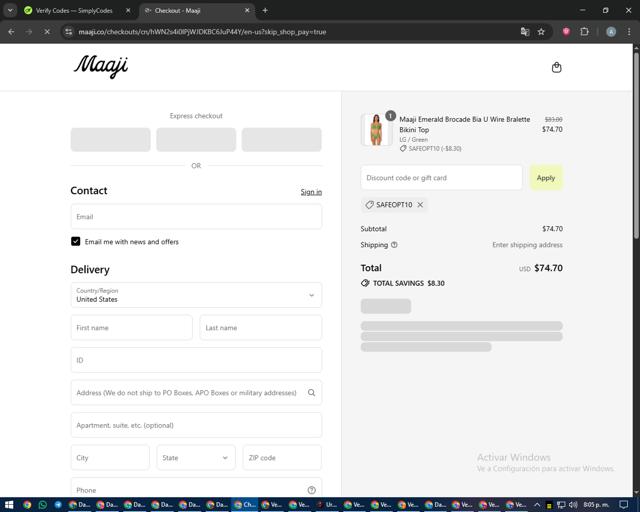 Maaji checkout page showing Maaji discount code box | Screenshot taken by SimplyCodes community member on Sep 12, 2025
