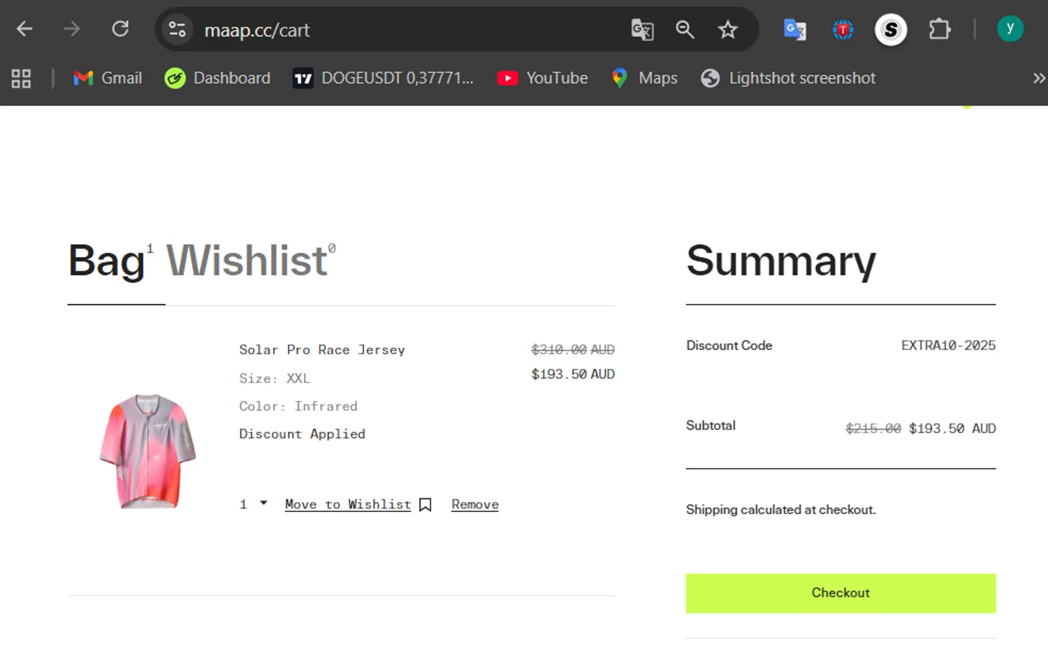 MAAP discount code screenshot showing code EXTRA10-2025 applied at MAAP checkout page. Uploaded by SimplyCodes community member 502312 on Nov 21, 2025