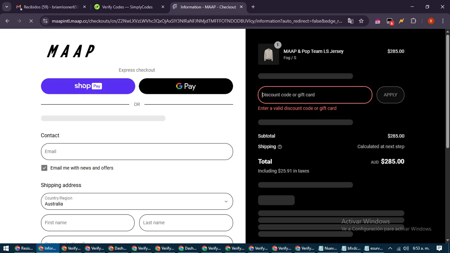 MAAP discount code screenshot showing code CAMERONBAYLY40 applied at MAAP checkout page. Uploaded by SimplyCodes community member DiscountExpert6435 on May 14, 2025