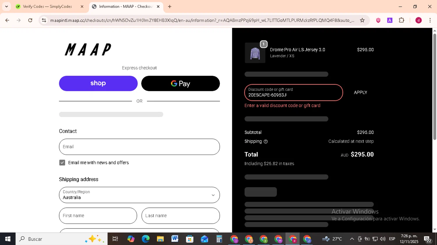MAAP discount code screenshot showing code 20ESCAPE-60953J applied at MAAP checkout page. Uploaded by SimplyCodes community member FrugalMonarch7277 on Nov 12, 2025