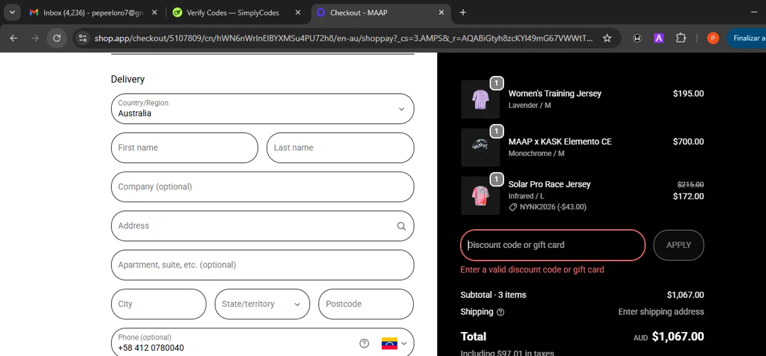 MAAP discount code screenshot showing code EXTRA10-2025 applied at MAAP checkout page. Uploaded by SimplyCodes community member Eminem on Dec 24, 2025