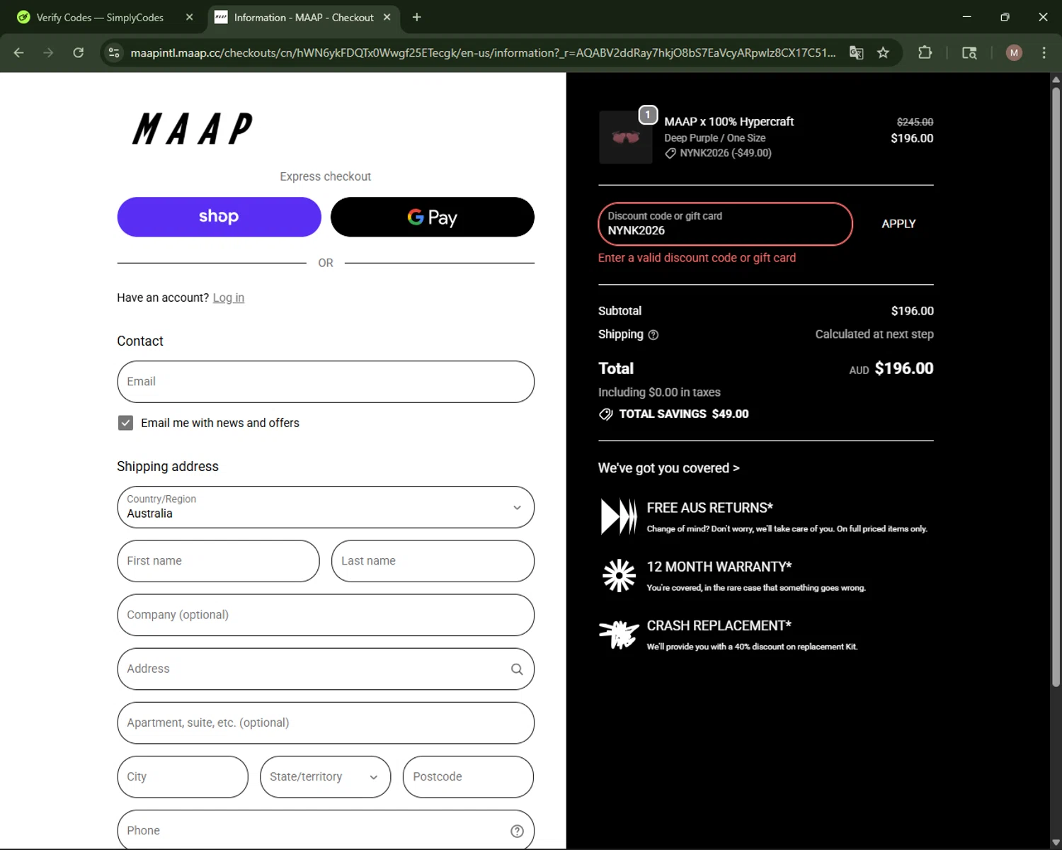 MAAP discount code screenshot showing code NYNK2026 applied at MAAP checkout page. Uploaded by SimplyCodes community member CoinLegend4598 on Dec 29, 2025