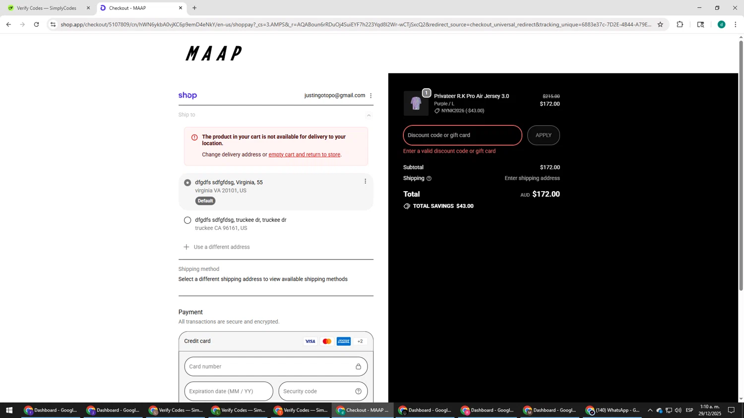 MAAP discount code screenshot showing code NYNK2026 applied at MAAP checkout page. Uploaded by SimplyCodes community member HEROESCUDA on Dec 29, 2025