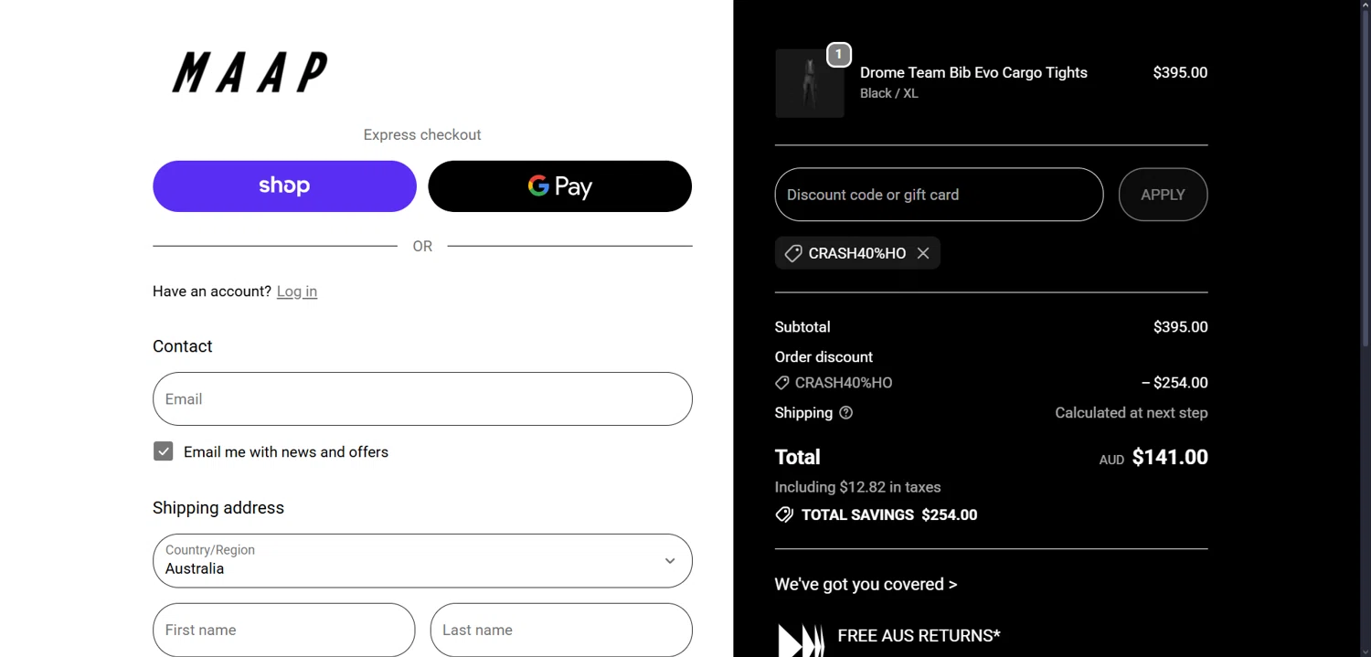 MAAP discount code screenshot showing code CRASH40%HO applied at MAAP checkout page. Uploaded by SimplyCodes community member Dorothy on Dec 30, 2025