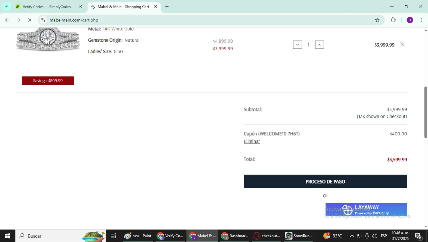 Mabel & Main promo code screenshot showing code WELCOME10-7H6T applied at Mabel & Main checkout page. Uploaded by SimplyCodes community member YutakaH0shin0 on Jul 31, 2025