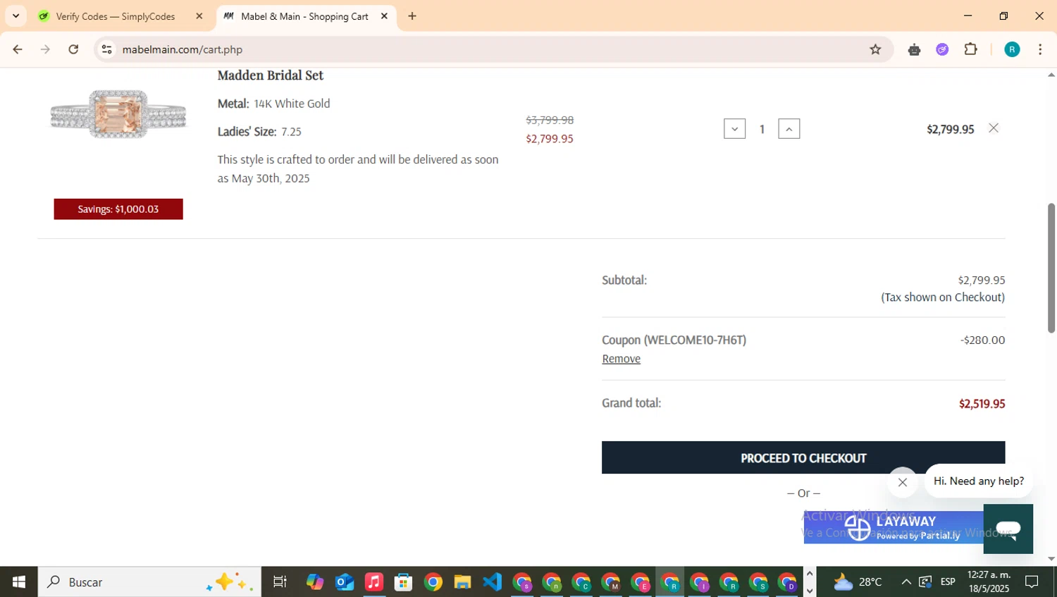 Mabel & Main promo code screenshot showing code WELCOME10-7H6T applied at Mabel & Main checkout page. Uploaded by SimplyCodes community member BudgetHero4407 on May 18, 2025
