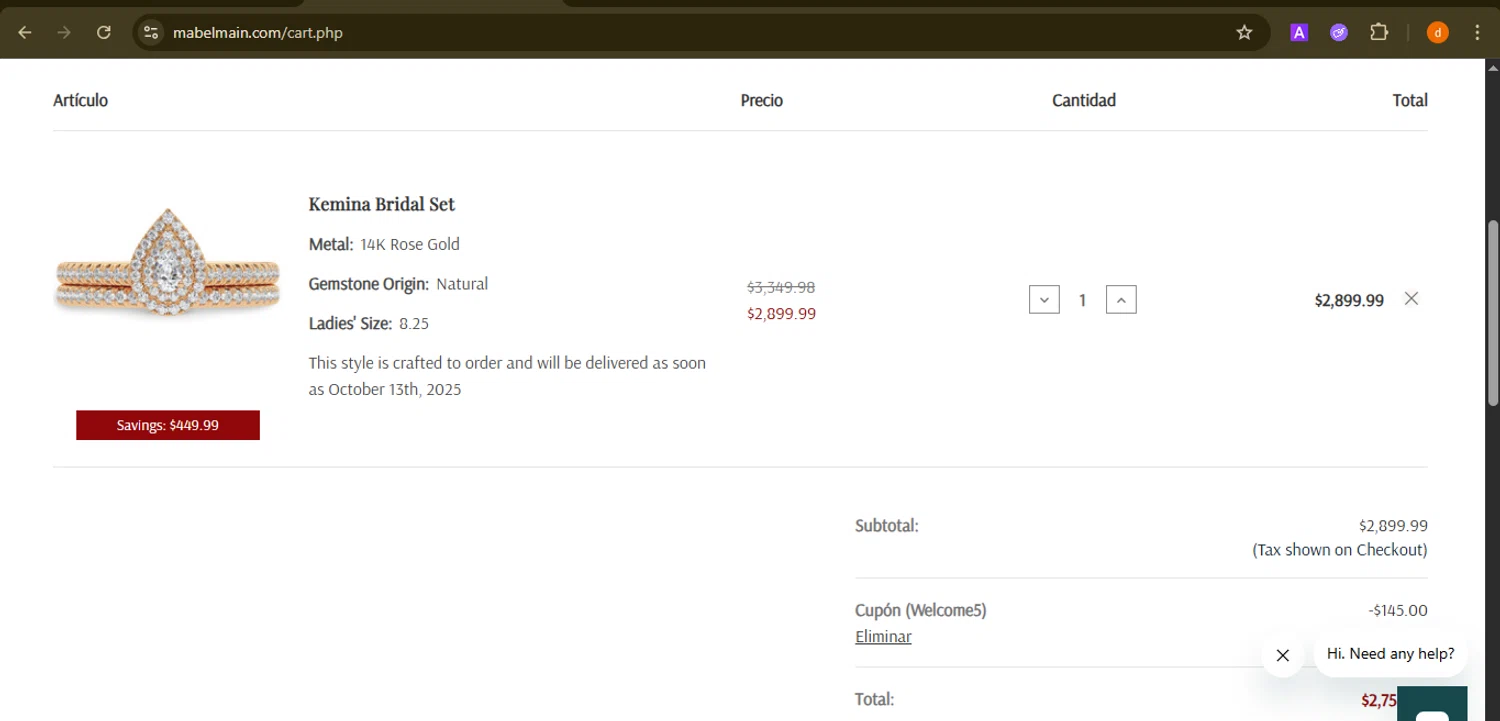 Mabel & Main promo code screenshot showing code Welcome5 applied at Mabel & Main checkout page. Uploaded by SimplyCodes community member PennyAdmiral6960 on Sep 27, 2025