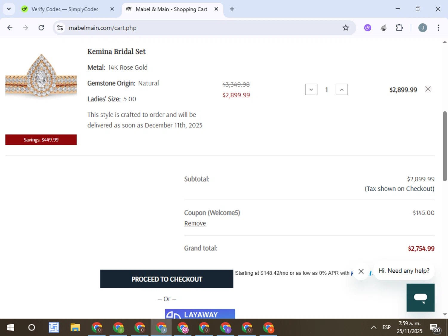 Mabel & Main promo code screenshot showing code Welcome5 applied at Mabel & Main checkout page. Uploaded by SimplyCodes community member ValueTracker8384 on Nov 25, 2025