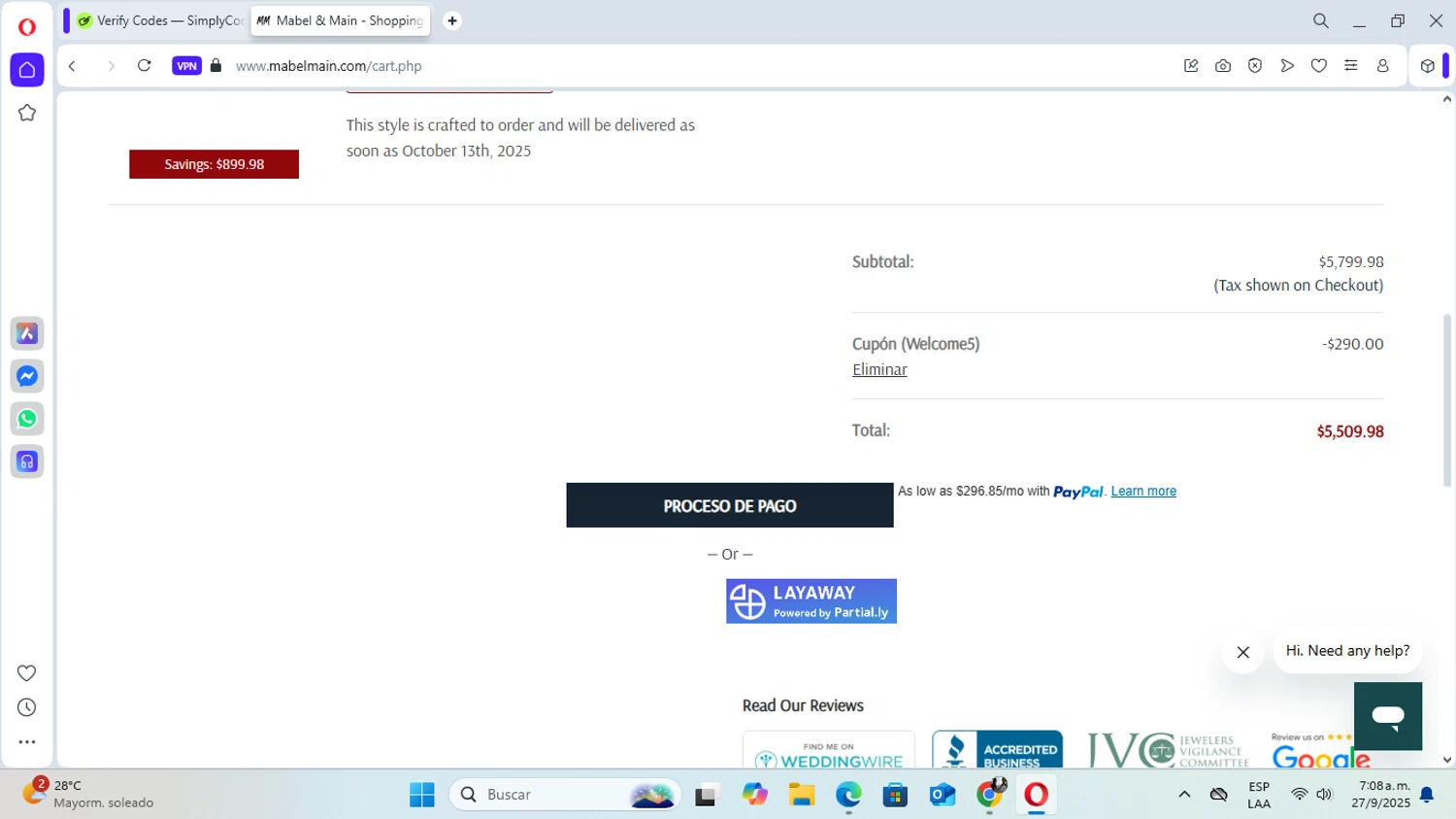 Mabel & Main promo code screenshot showing code Welcome5 applied at Mabel & Main checkout page. Uploaded by SimplyCodes community member YunoMaria on Sep 27, 2025