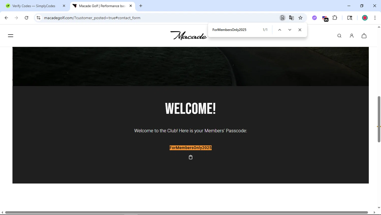 Macade Golf discount code screenshot showing code ForMembersOnly2025 applied at Macade Golf checkout page. Uploaded by SimplyCodes community member DiscountSentinel4513 on Nov 25, 2025